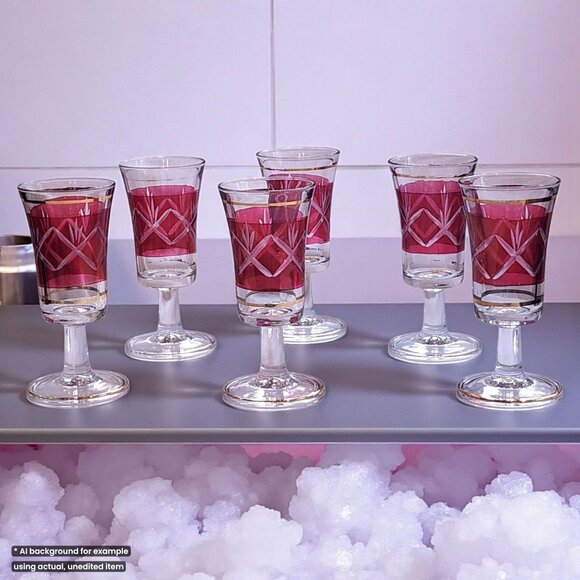 Cristallerie Artistiche Ruby Red Flashed Cordial Shot Glasses 6pc Set Italy 60s - Picture 2 of 8